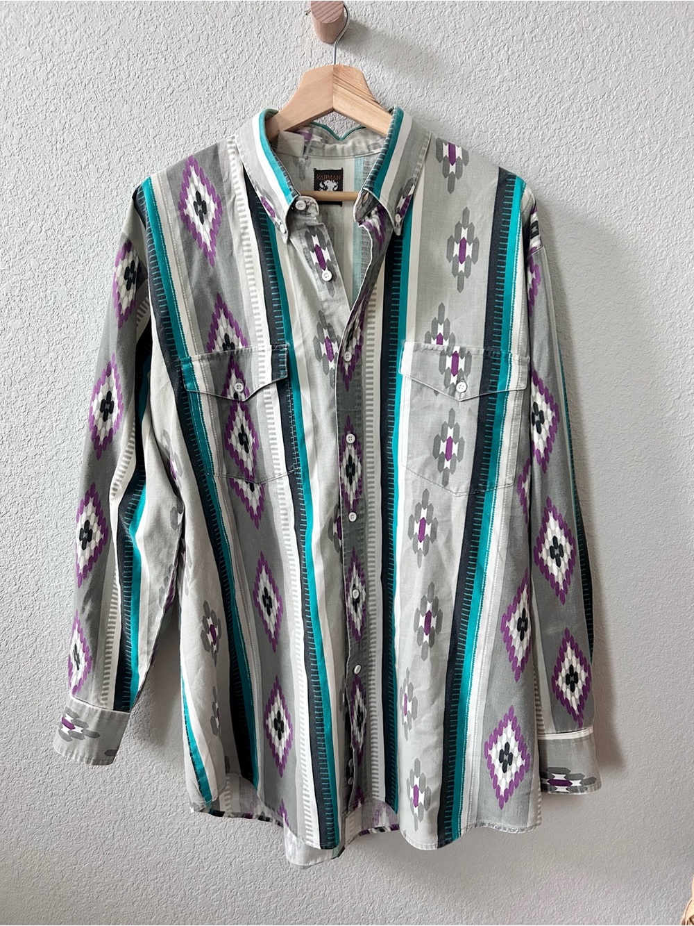Vintage 90s Karman Long Sleeve Button Up Shirt Western Cowboy Aztec XLT